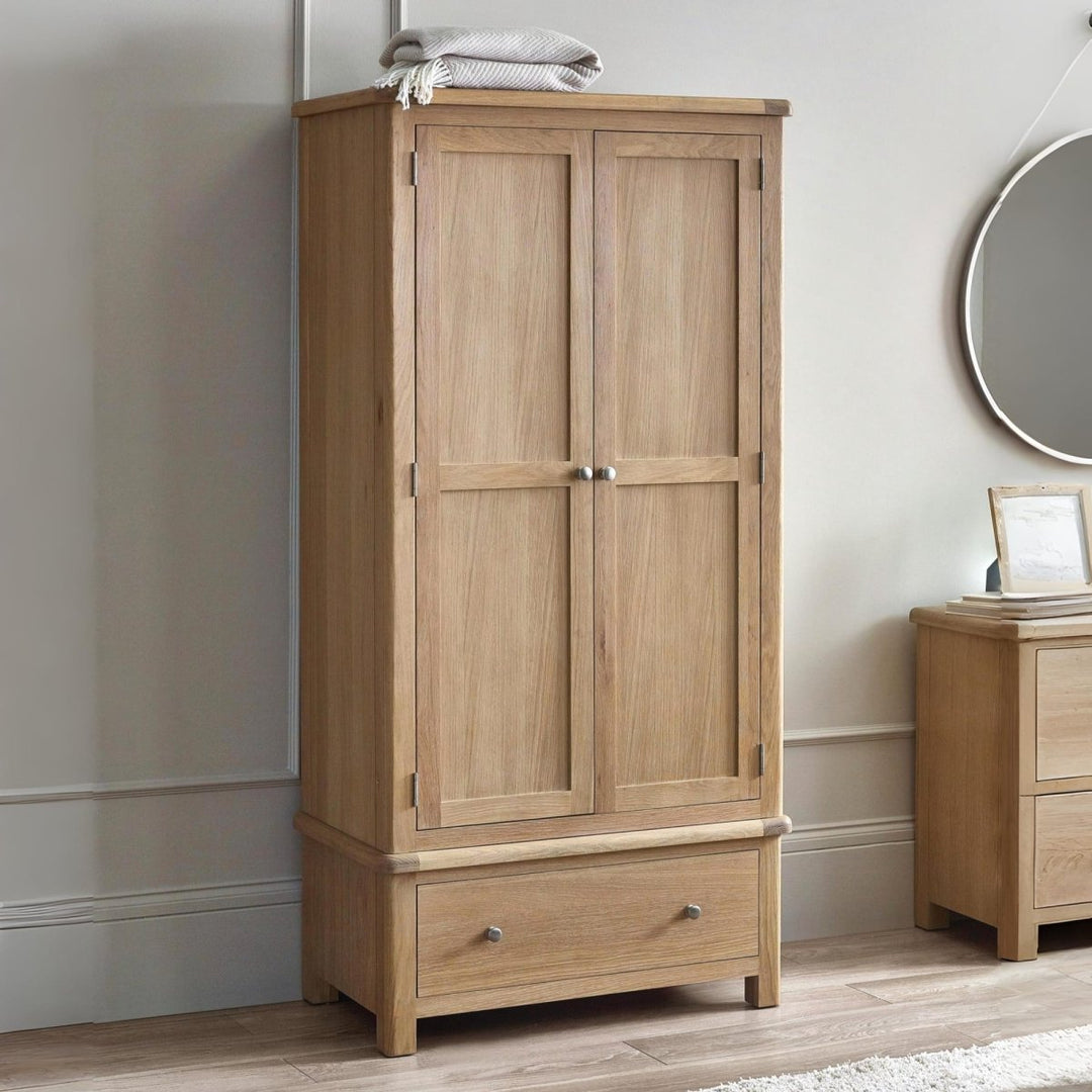Memphis Limed Oak 2 Door 1 Drawer Wardrobe1 - Duck Barn Interiors