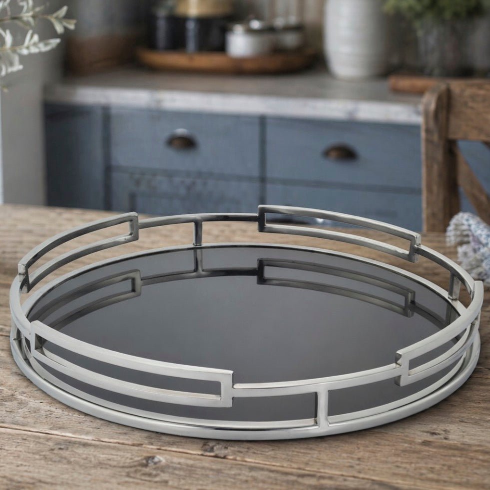 Obsidian Black Glass & Silver Round Tray (2 Sizes)2 - Duck Barn Interiors