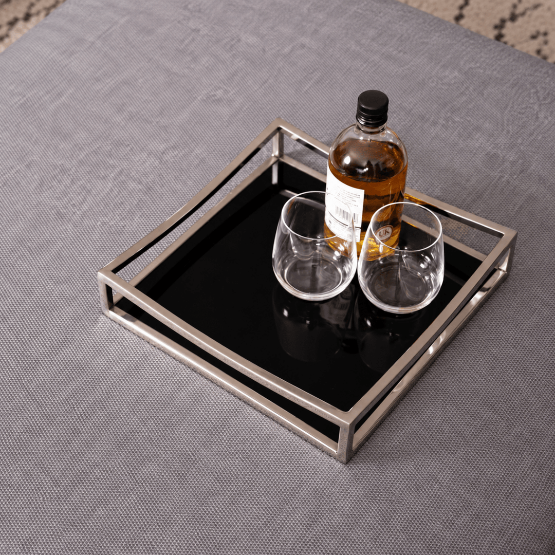 Obsidian Black Glass &amp; Silver Square Tray - Medium3 - Duck Barn Interiors