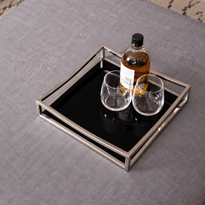 Obsidian Black Glass &amp; Silver Square Tray - Medium3 - Duck Barn Interiors