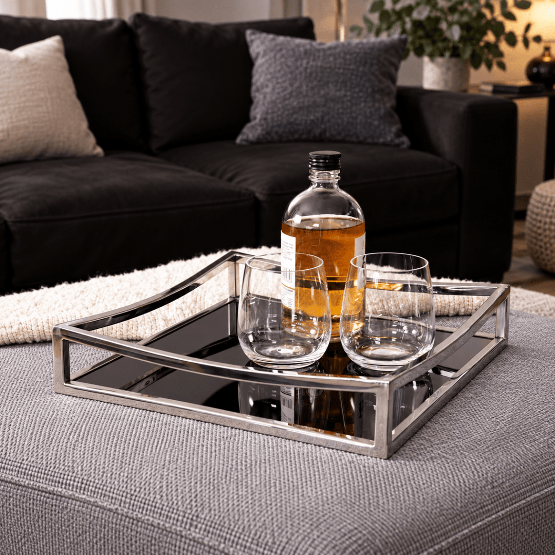 Obsidian Black Glass &amp; Silver Square Tray - Medium1 - Duck Barn Interiors
