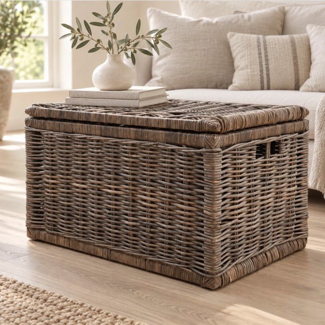 Rectangle Wicker Lidded Storage Chest with Handles - Large1 - Duck Barn Interiors