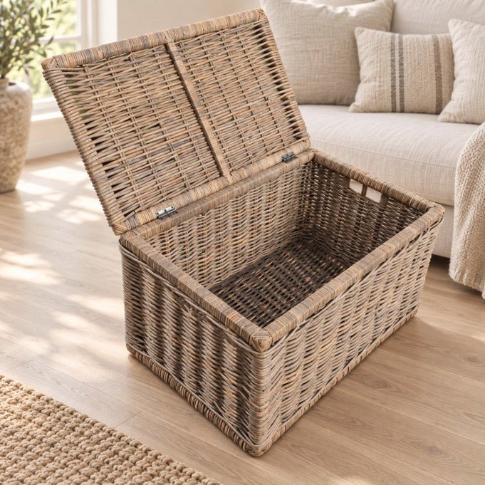 Rectangle Wicker Lidded Storage Chest with Handles - Large2 - Duck Barn Interiors