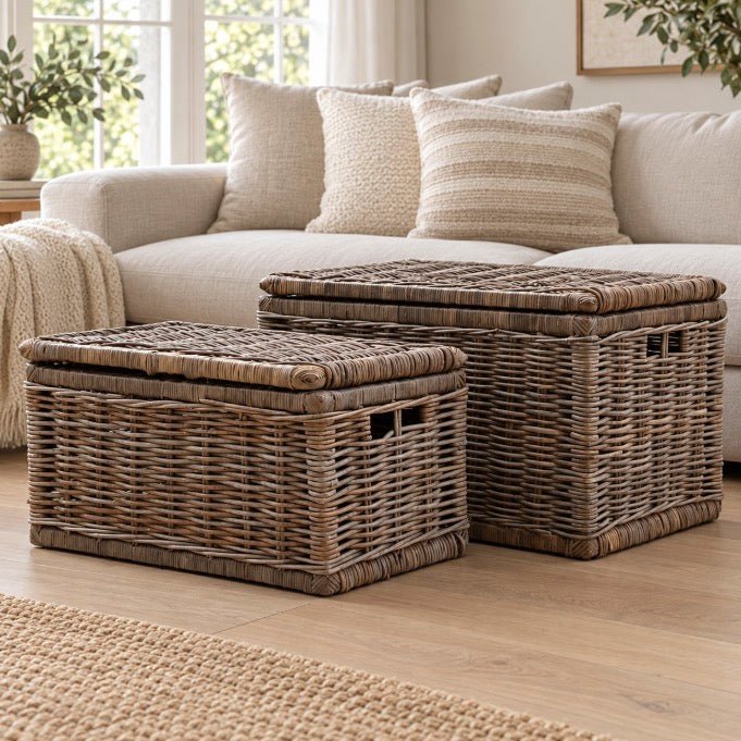 Rectangle Wicker Lidded Storage Chests with Handles - Set of 21 - Duck Barn Interiors