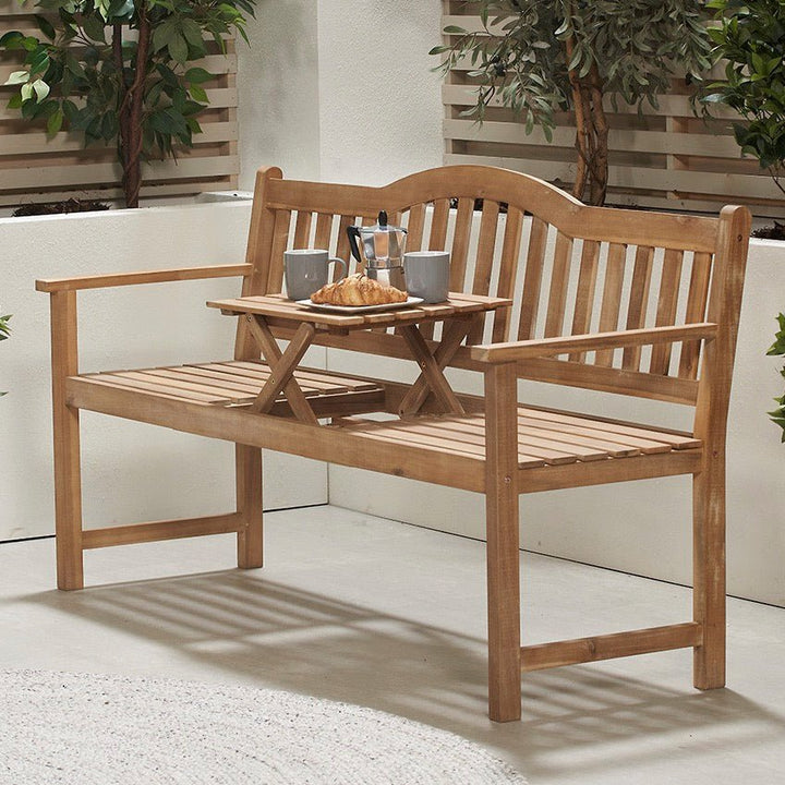 Richmond Outdoor Bench with Pop Up Table - Light Teak1 - Duck Barn Interiors