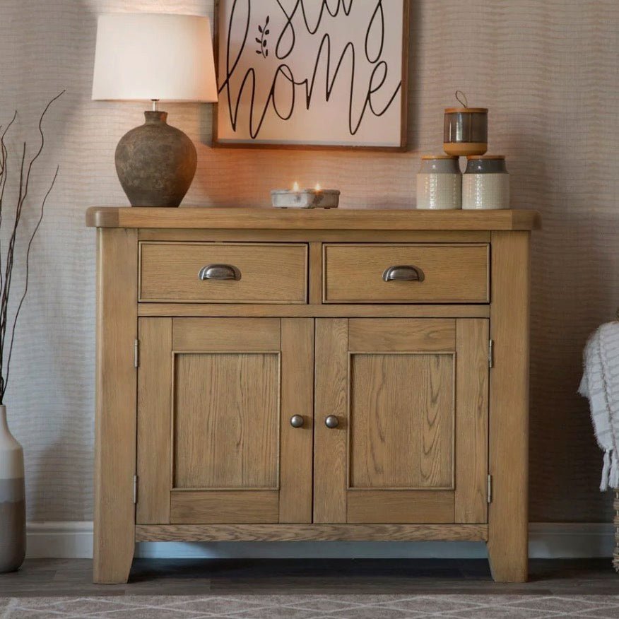 Rusper Oak 2 Door 2 Drawer Small Sideboard2 - Duck Barn Interiors