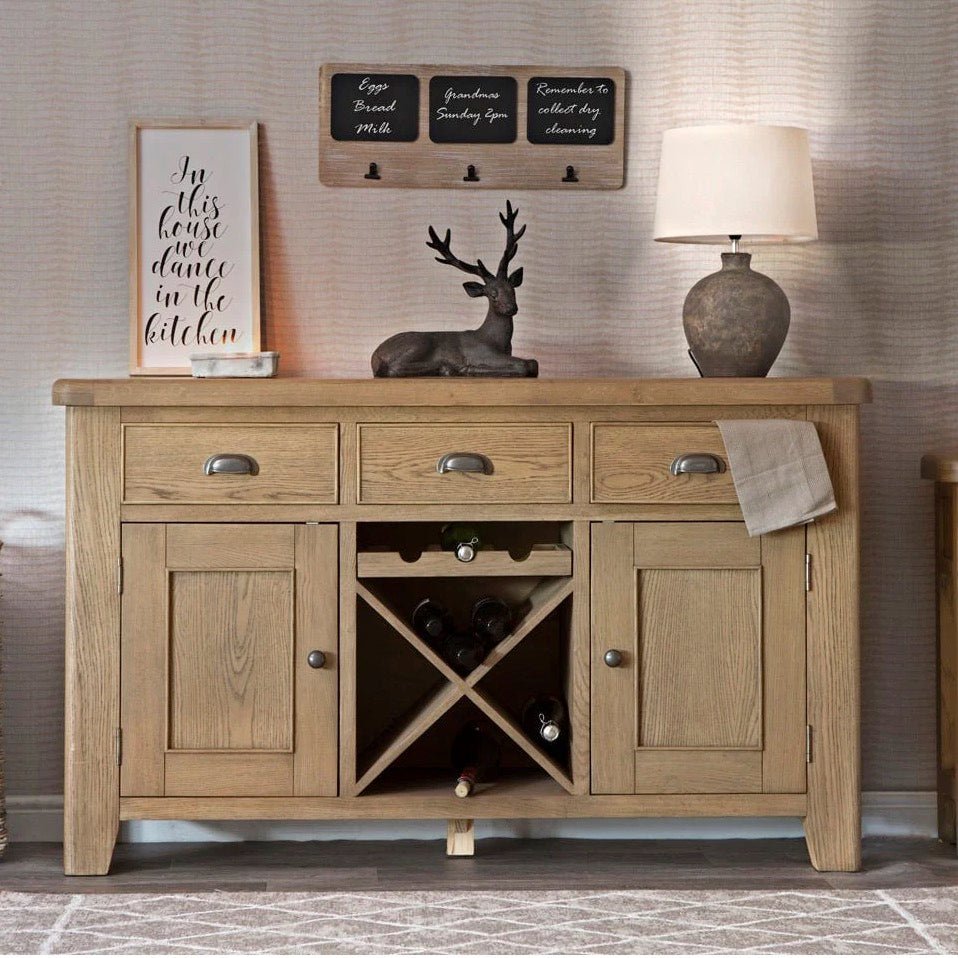 Rusper Oak 2 Door 3 Drawer Large Sideboard with Wine Storage1 - Duck Barn Interiors