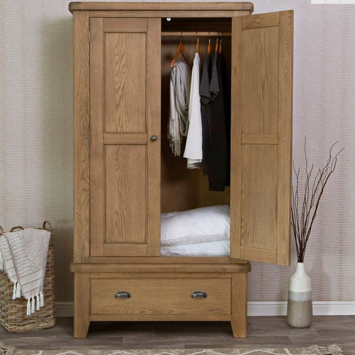 Rusper Oak 2 Door Wardrobe with Drawer1 - Duck Barn Interiors