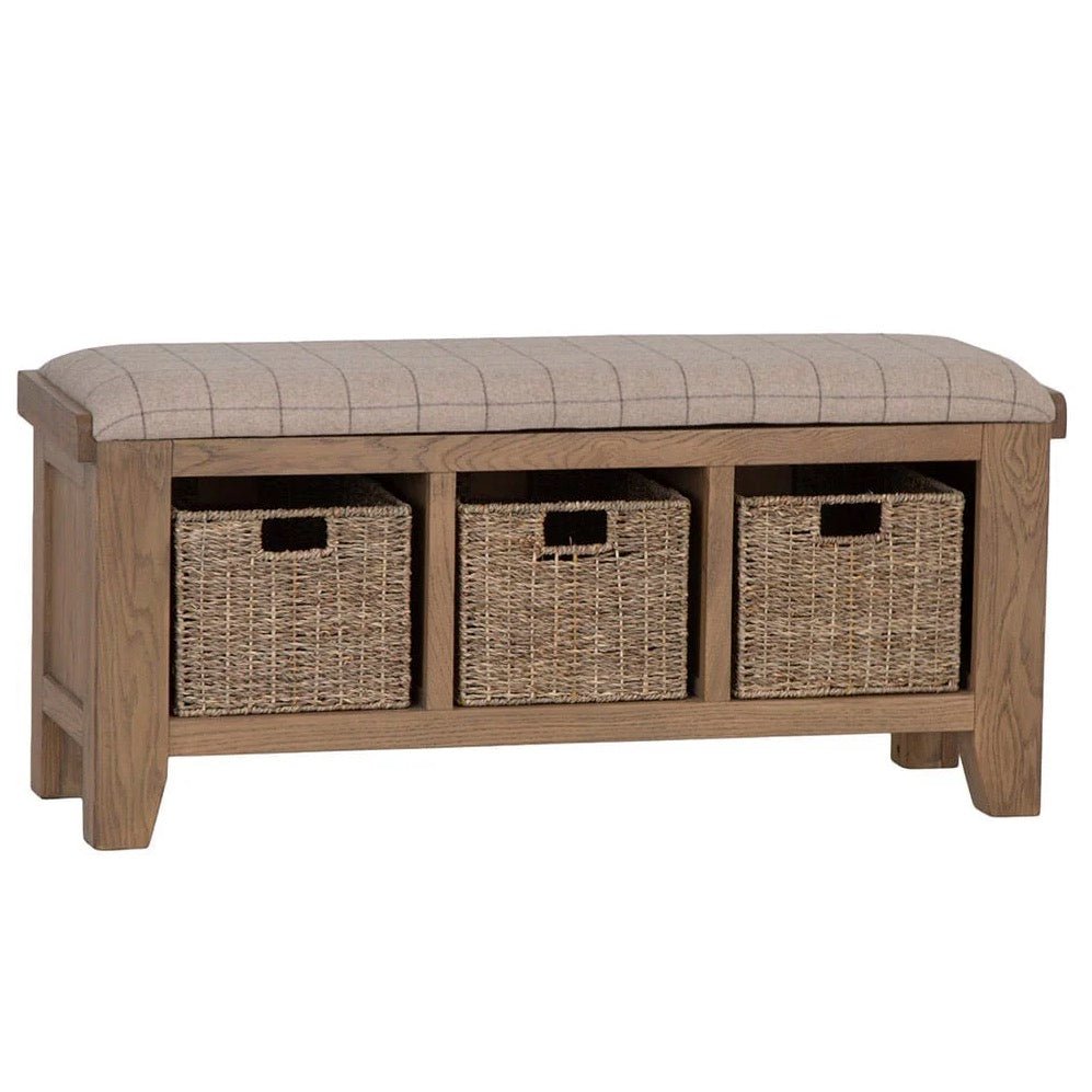 Rusper Oak 3 Basket Hall Storage Bench With Natural Check Seat13 - Duck Barn Interiors