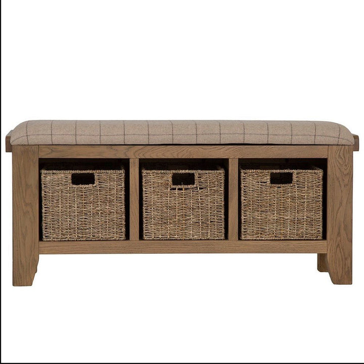 Rusper Oak 3 Basket Hall Storage Bench With Natural Check Seat19 - Duck Barn Interiors