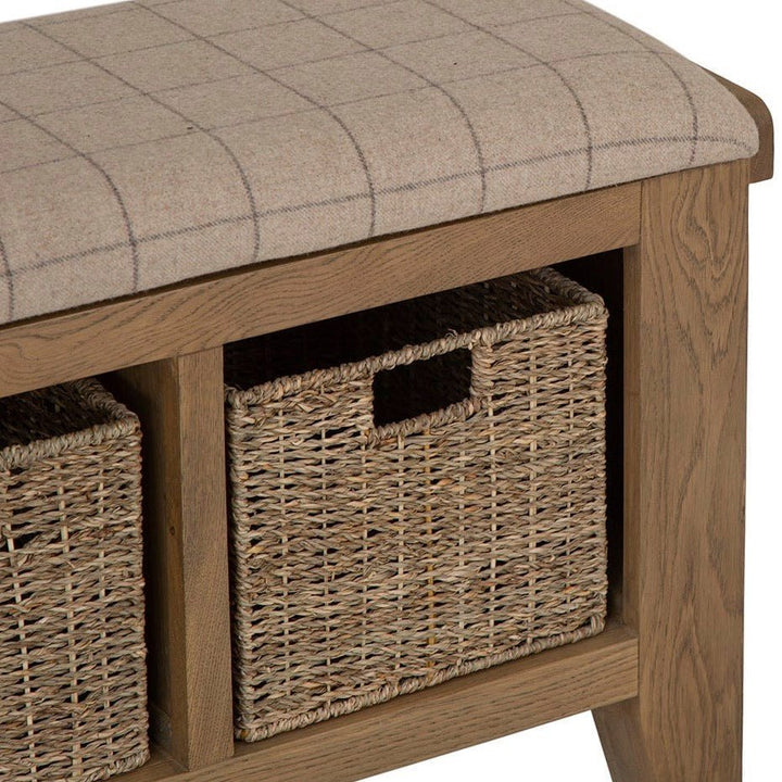 Rusper Oak 3 Basket Hall Storage Bench With Natural Check Seat16 - Duck Barn Interiors