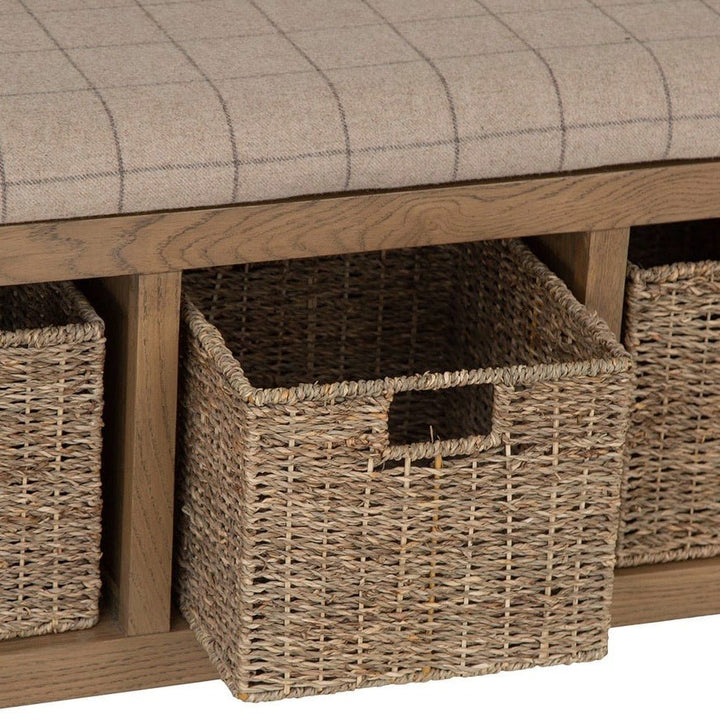 Rusper Oak 3 Basket Hall Storage Bench With Natural Check Seat3 - Duck Barn Interiors