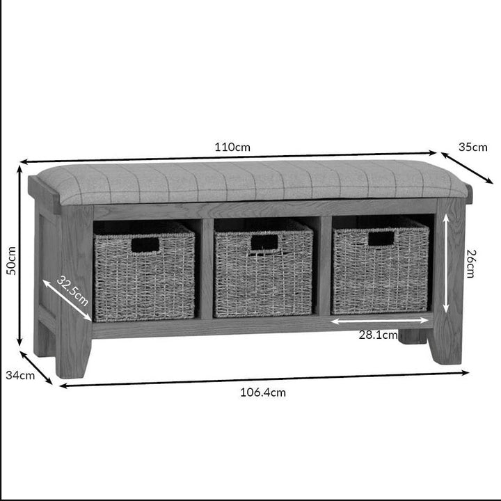 Rusper Oak 3 Basket Hall Storage Bench With Natural Check Seat4 - Duck Barn Interiors