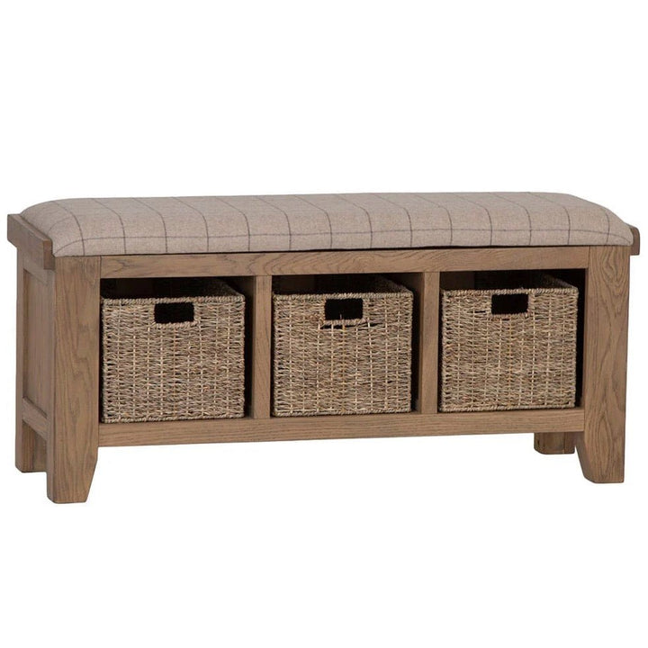 Rusper Oak 3 Basket Hall Storage Bench With Natural Check Seat1 - Duck Barn Interiors