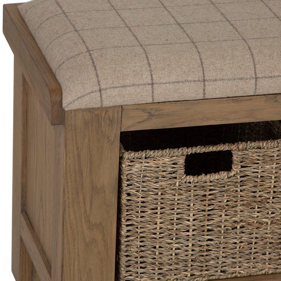 Rusper Oak 3 Basket Hall Storage Bench With Natural Check Seat14 - Duck Barn Interiors