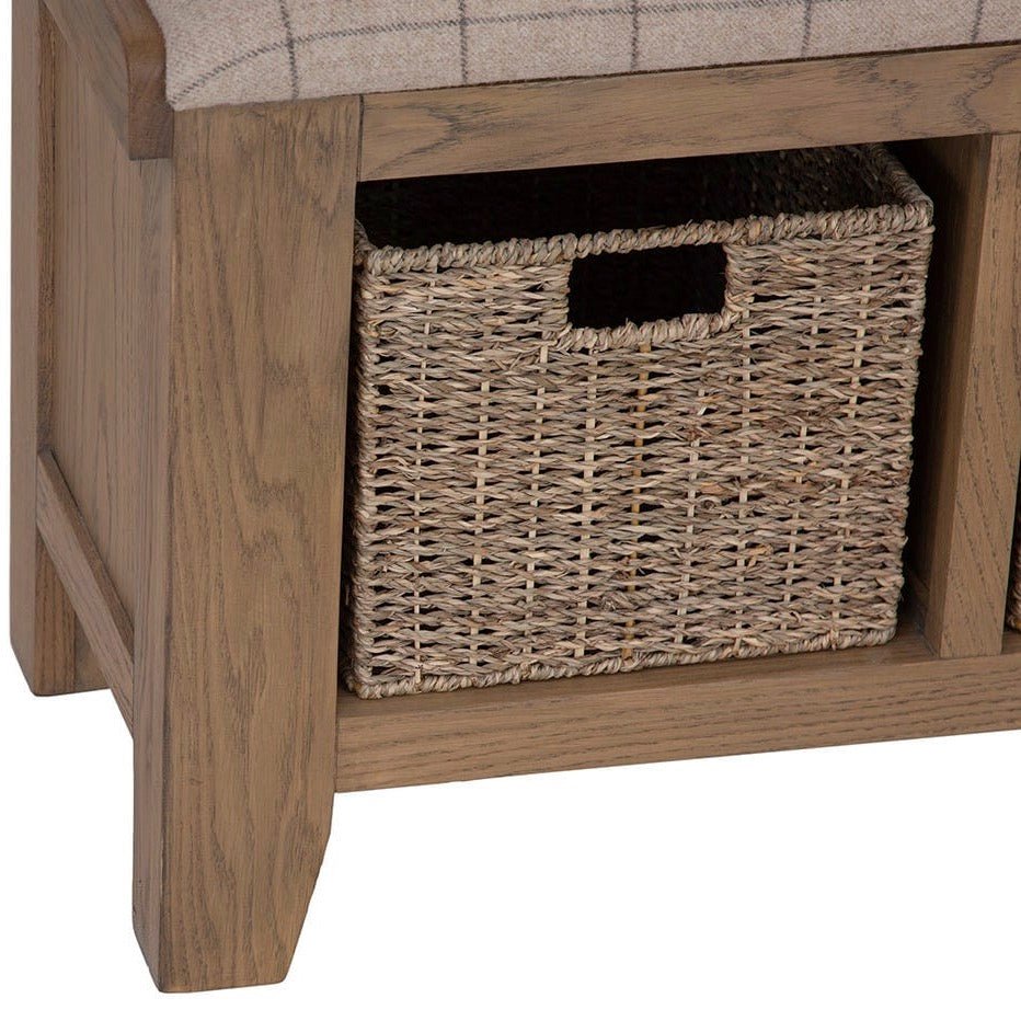 Rusper Oak 3 Basket Hall Storage Bench With Natural Check Seat15 - Duck Barn Interiors