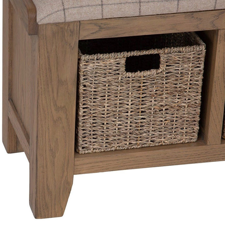 Rusper Oak 3 Basket Hall Storage Bench With Natural Check Seat15 - Duck Barn Interiors