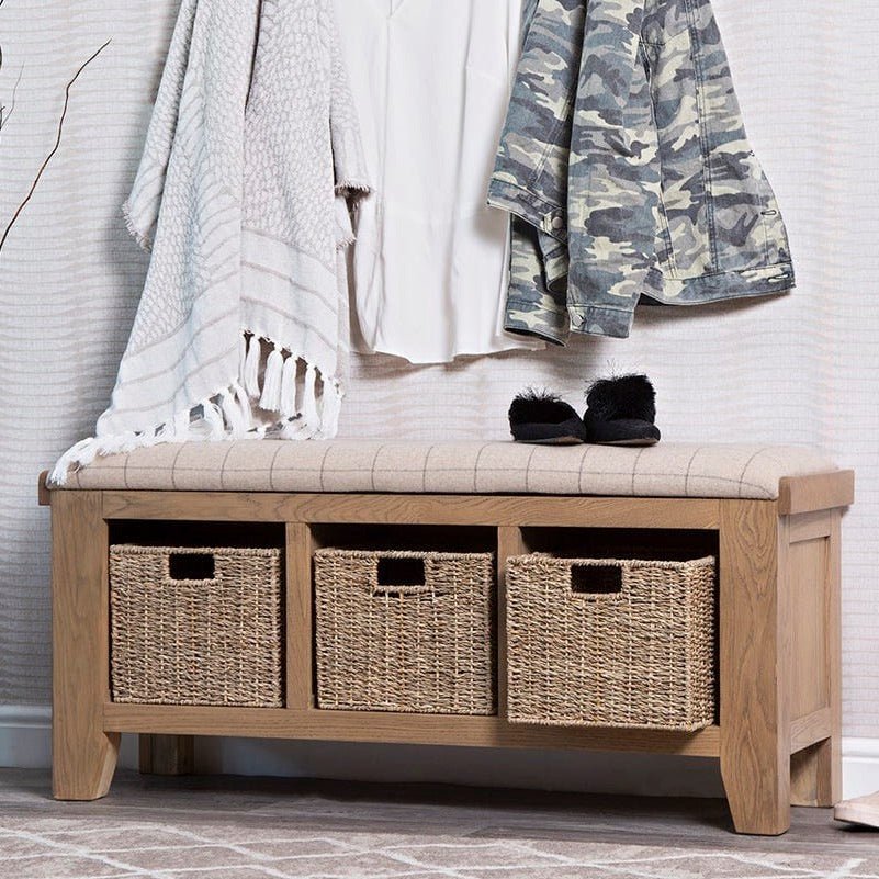 Rusper Oak 3 Basket Hall Storage Bench With Natural Check Seat2 - Duck Barn Interiors