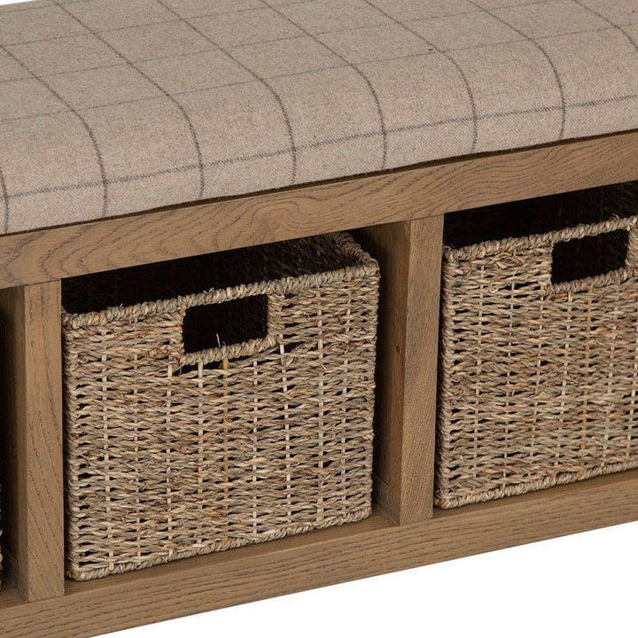 Rusper Oak 3 Basket Hall Storage Bench With Natural Check Seat17 - Duck Barn Interiors