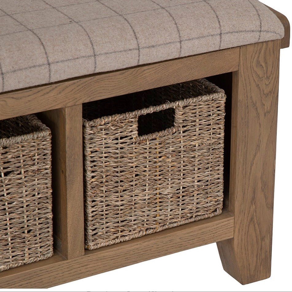 Rusper Oak 3 Basket Hall Storage Bench With Natural Check Seat7 - Duck Barn Interiors