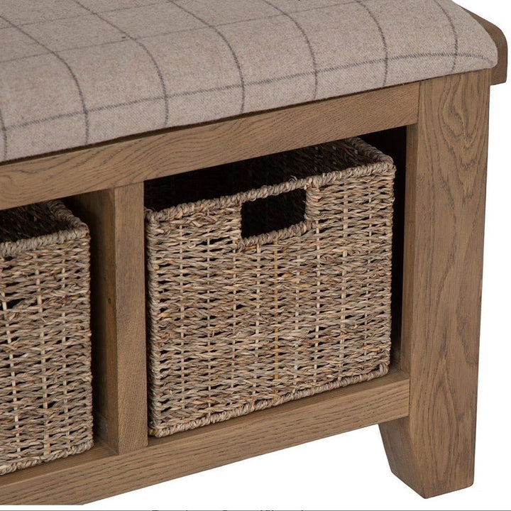 Rusper Oak 3 Basket Hall Storage Bench With Natural Check Seat7 - Duck Barn Interiors