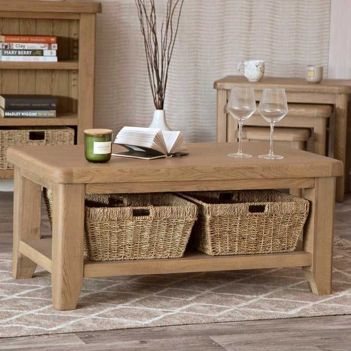 Rusper Oak Coffee Table with Baskets1 - Duck Barn Interiors