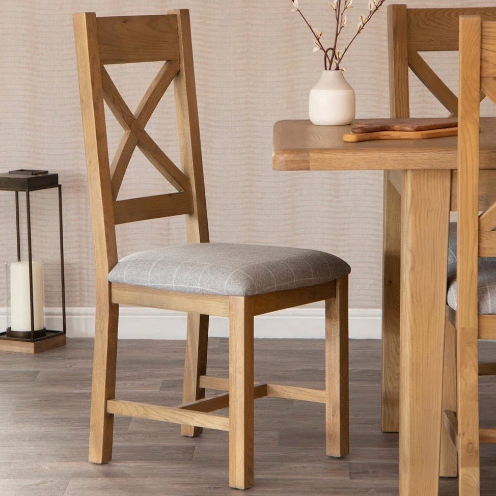Rusper Oak Cross Back Fabric Dining Chair - Grey Check (Pair)2 - Duck Barn Interiors