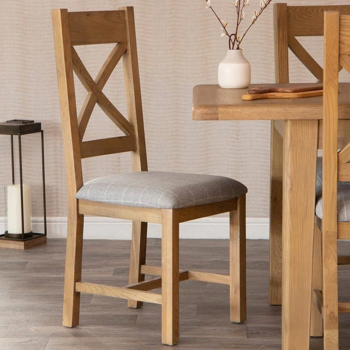 Rusper Oak Cross Back Fabric Dining Chair - Grey Check (Pair)2 - Duck Barn Interiors