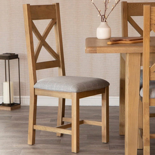 Rusper Oak Cross Back Fabric Dining Chair - Grey Check (Pair)