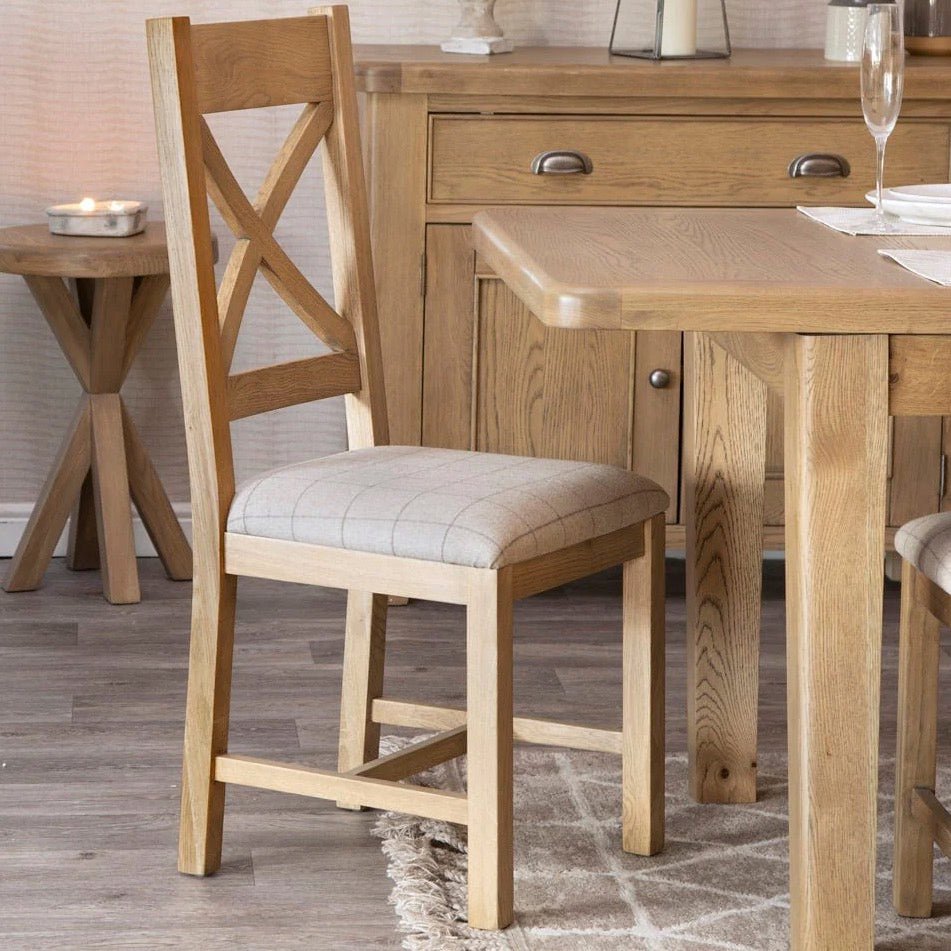 Rusper Oak Cross Back Fabric Dining Chair - Natural Check (Pair)2 - Duck Barn Interiors