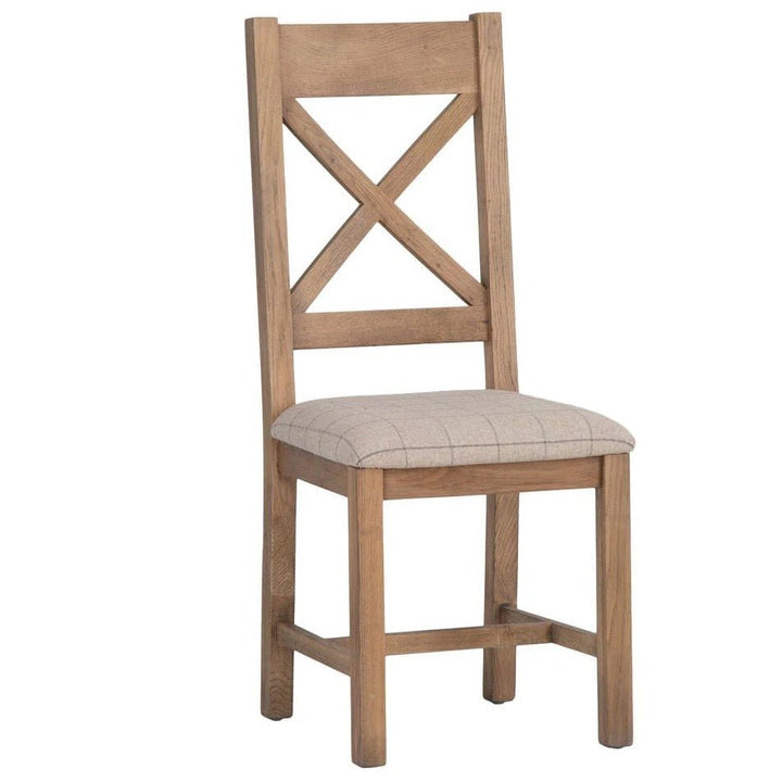 Rusper Oak Cross Back Fabric Dining Chair - Natural Check (Pair)1 - Duck Barn Interiors