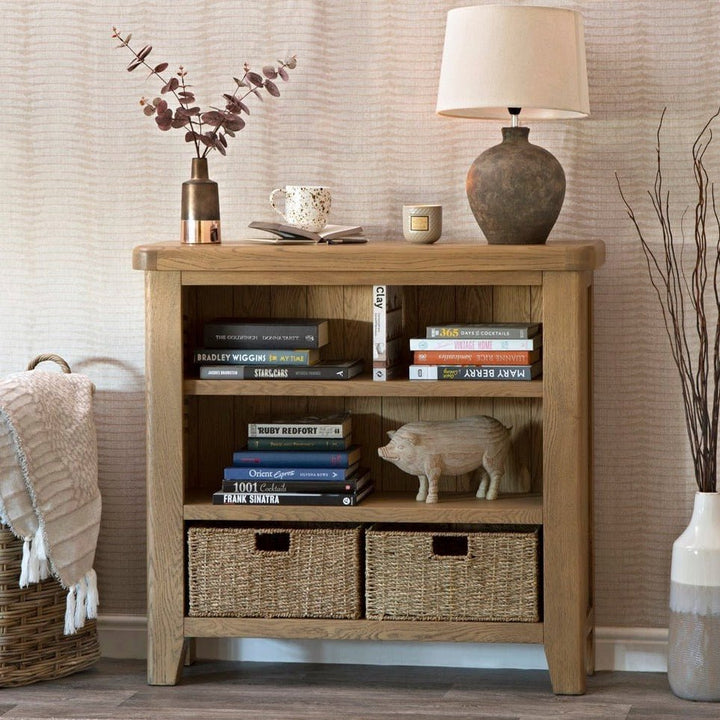 Rusper Oak Small Bookcase with Baskets1 - Duck Barn Interiors