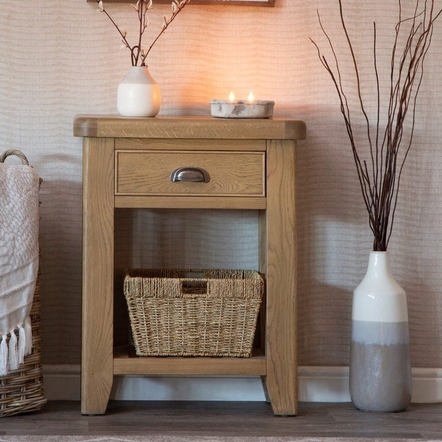 Rusper Oak Telephone Table with Basket2 - Duck Barn Interiors