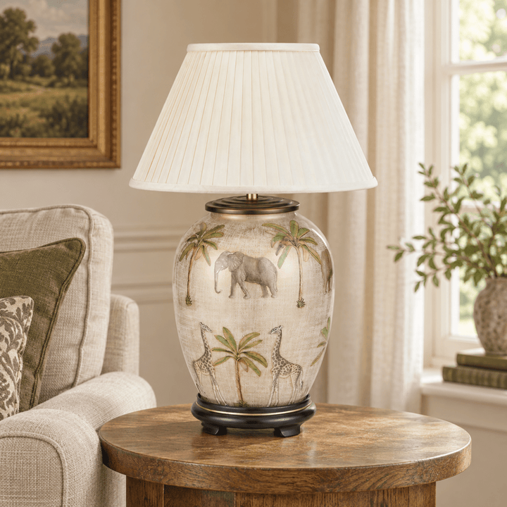 Safari Glass Table Lamp with Bacall Almond Silk Pleated Shade - Medium1 - Duck Barn Interiors