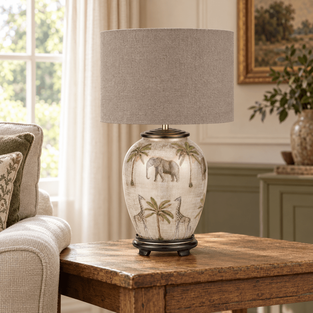 Safari Glass Table Lamp with Edward Natural Linen Shade - Medium1 - Duck Barn Interiors
