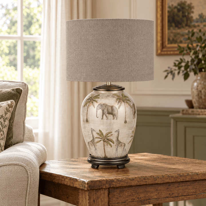 Safari Glass Table Lamp with Edward Natural Linen Shade - Medium1 - Duck Barn Interiors