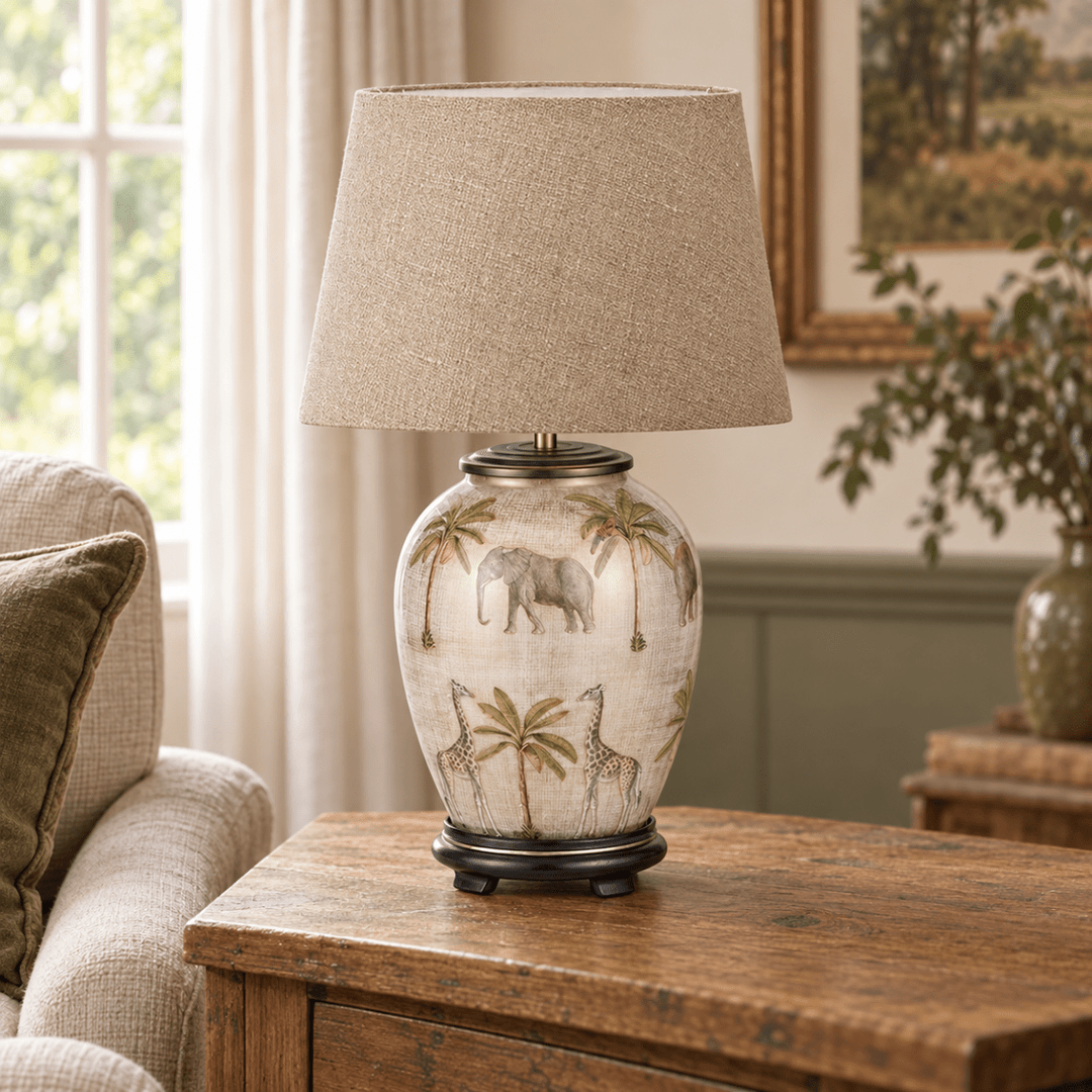 Safari Glass Table Lamp with Milos Natural Linen Shade - Medium1 - Duck Barn Interiors