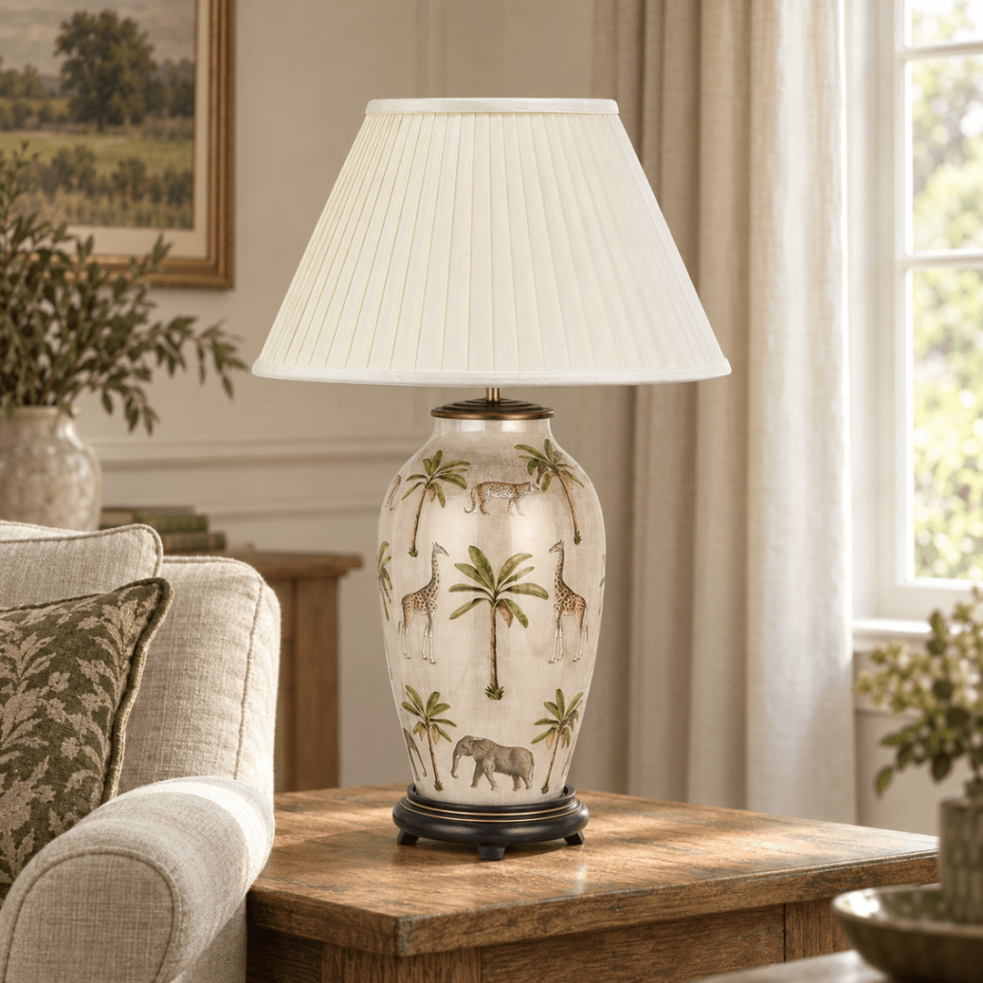 Safari Tall Glass Table Lamp with Bacall Almond Silk Pleated Shade1 - Duck Barn Interiors