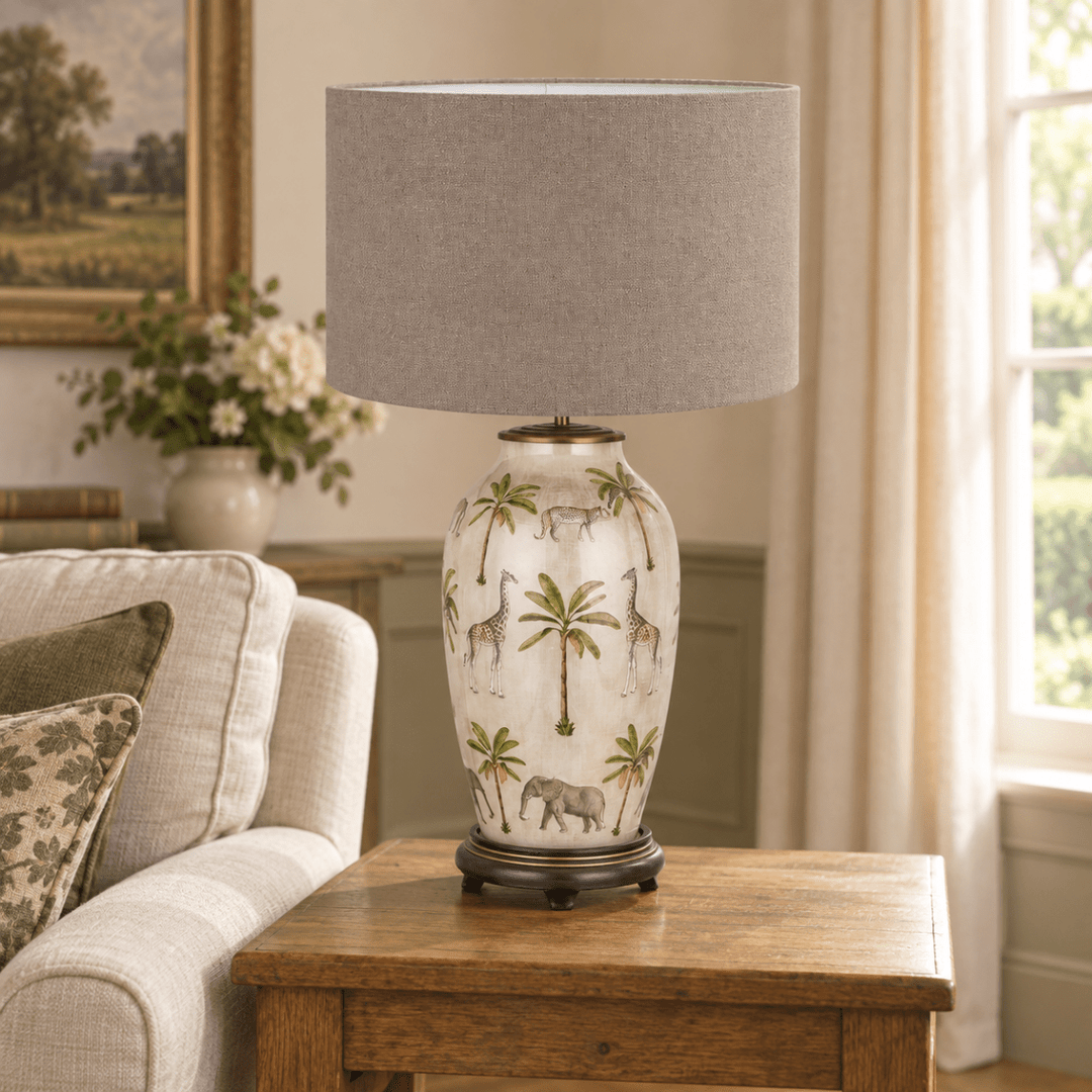 Safari Tall Glass Table Lamp with Edward Natural Linen Shade1 - Duck Barn Interiors