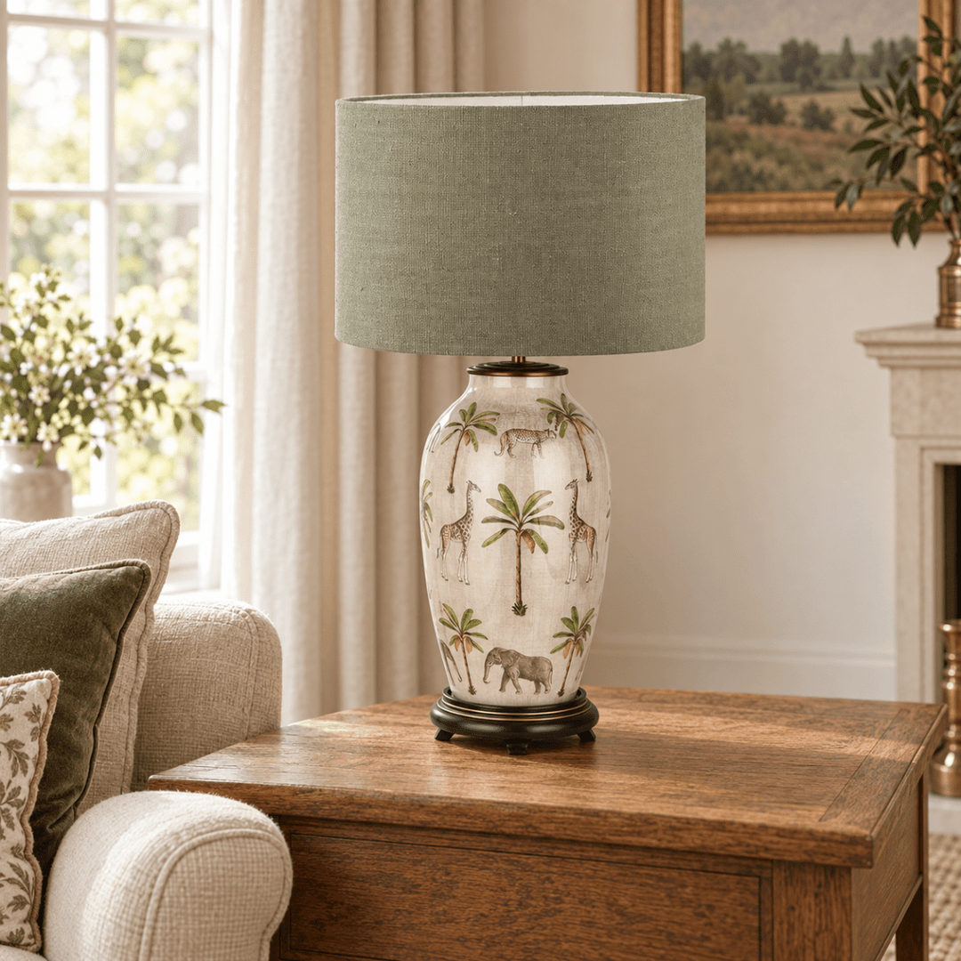 Safari Tall Glass Table Lamp with Edward Pistachio Green Shade - 40cm1 - Duck Barn Interiors