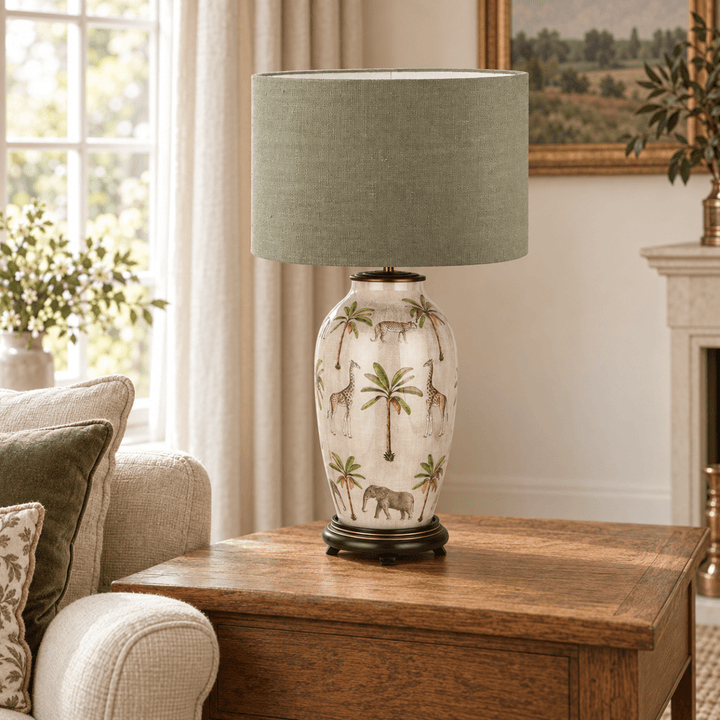 Safari Tall Glass Table Lamp with Edward Pistachio Green Shade - 40cm1 - Duck Barn Interiors