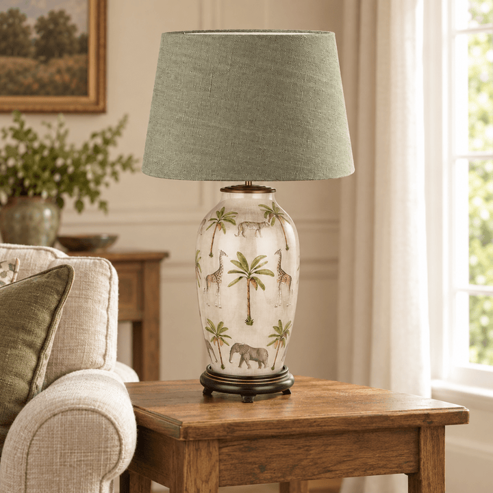 Safari Tall Glass Table Lamp with Milos Pistachio Green Shade1 - Duck Barn Interiors