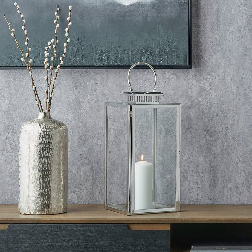 Silver Stainless Steel Rectangular Glass Lantern - Large1 - Duck Barn Interiors
