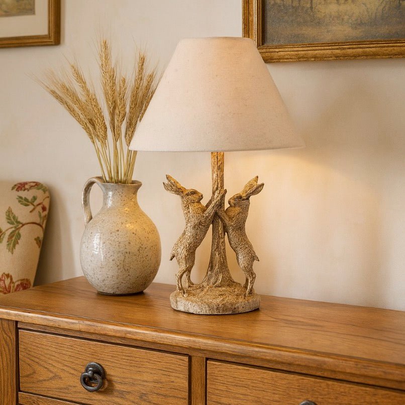 Stonewashed Marching Hares Lamp With Linen Shade2 - Duck Barn Interiors
