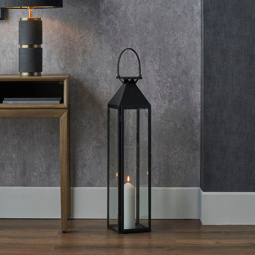 Tall Black Stainless Steel Glass Lantern - Medium