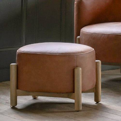 Tindon Round Footstool - Vintage Style Brown Leather