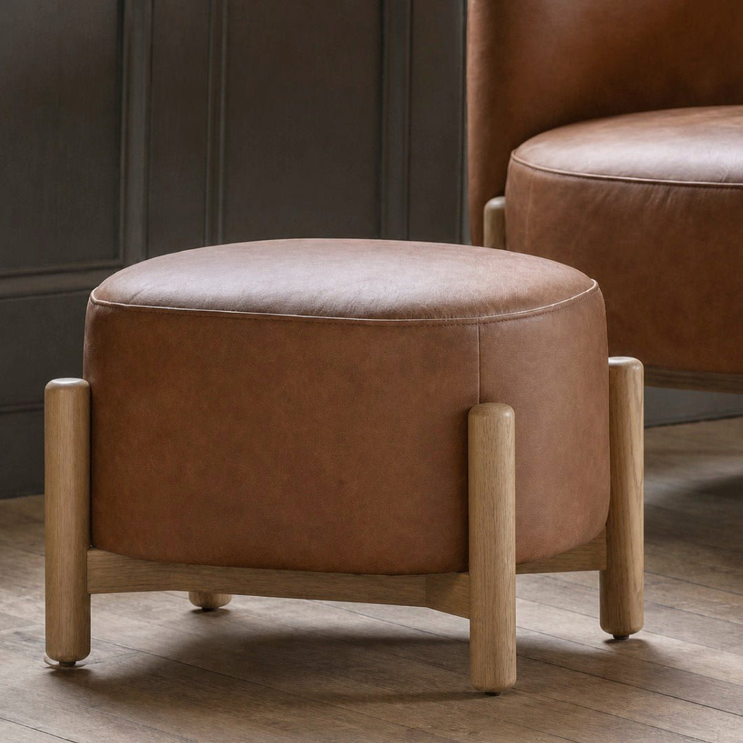 Tindon Round Footstool - Vintage Style Brown Leather1 - Duck Barn Interiors