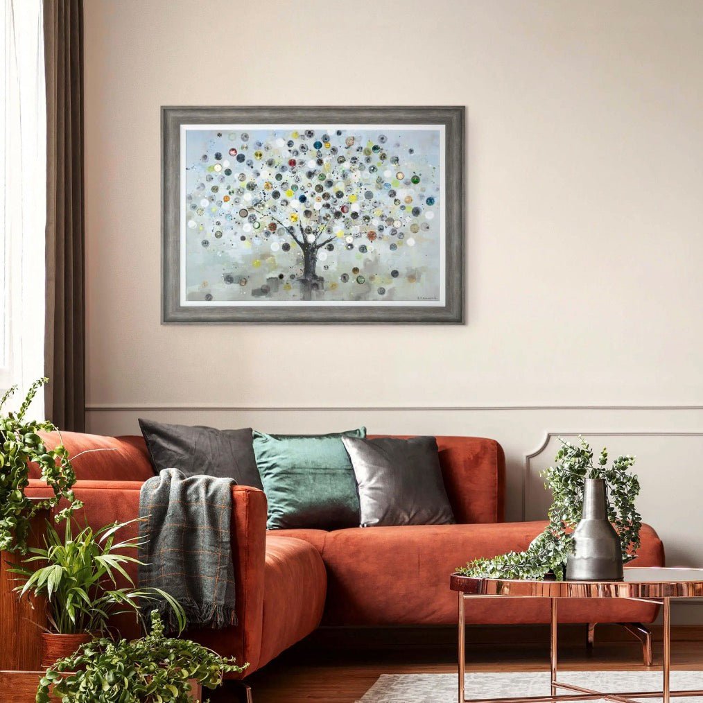 Oversized Watch Tree wall art styled above a sofa