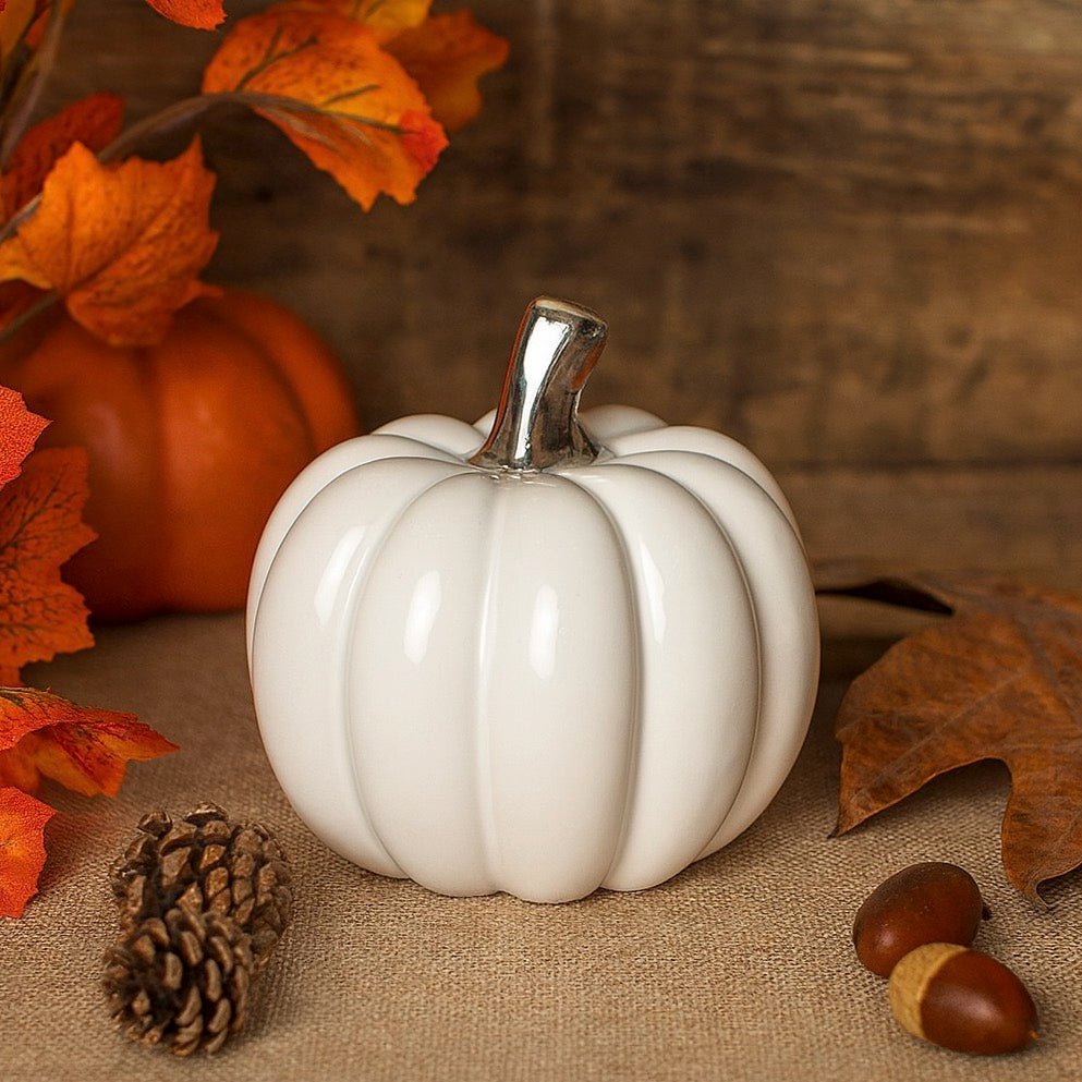 White Ceramic Pumpkin with Silver Stem - Small2 - Duck Barn Interiors