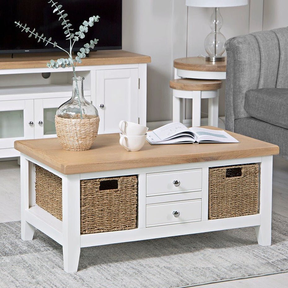 Windsor White Coffee Table with Baskets2 - Duck Barn Interiors